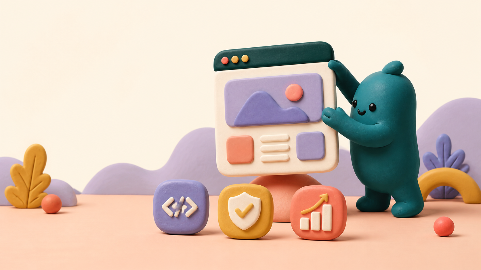 Clay character arranging a website with code, security, and growth tools
