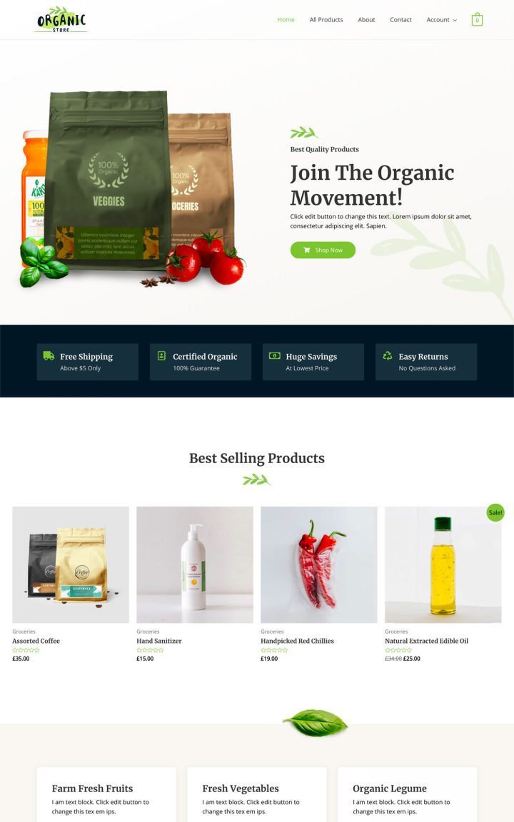 Organic shop website template preview